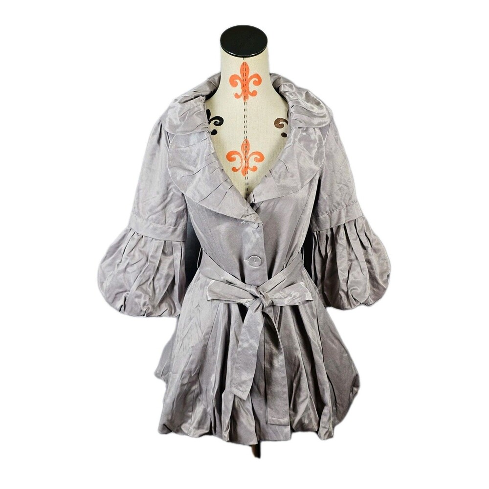 Ryu Le Petit Paris Pearl Gray Ruffle Belted Coat Swing Satin 3/4 Slv Women M NWT